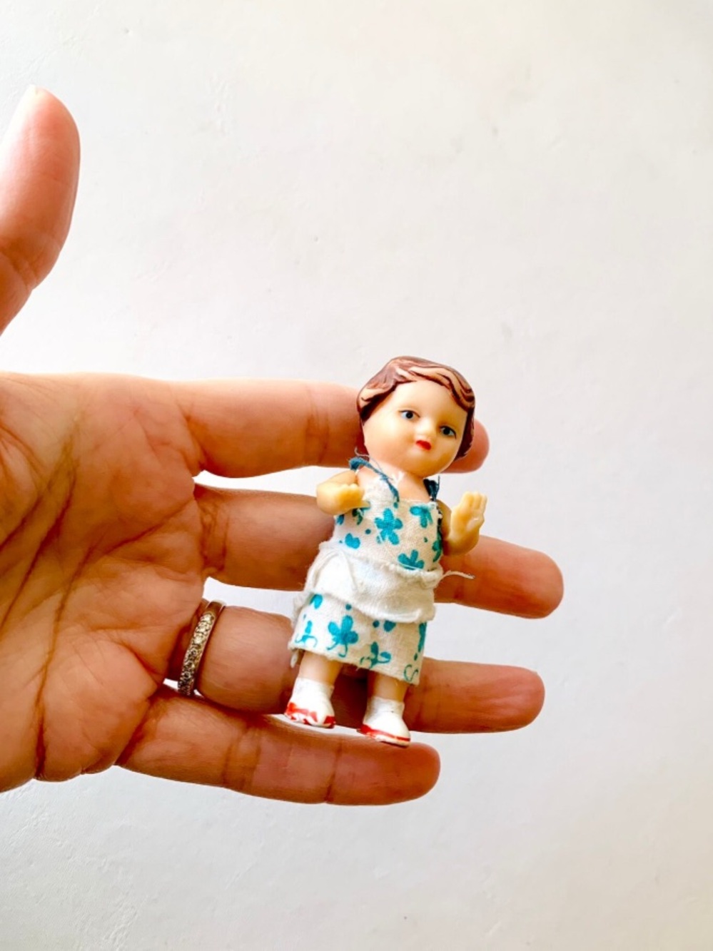 Mini Doll in White Dress with Blue Floral Print - Kids Toy